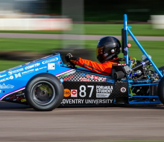 Coventry Phoenix Racing Formula Student car in a test at Sutton Circuit in October 2024